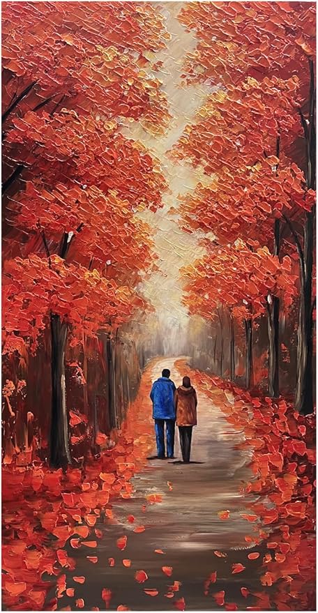 Autumn Forest Path Canvas Wall Art, Red Fall Trees Oil Painting, Large Modern Textured Artwork