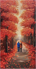 Autumn Forest Path Canvas Wall Art, Red Fall Trees Oil Painting, Large Modern Textured Artwork