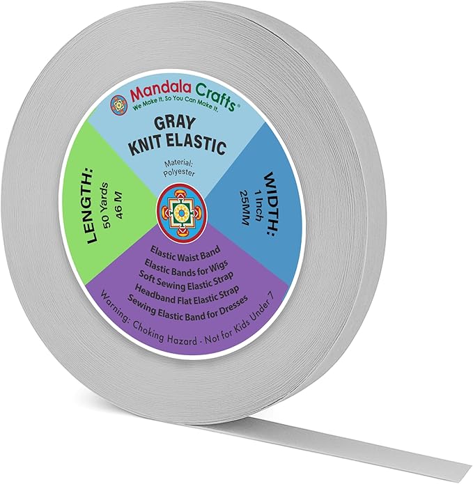 Mandala Crafts Wide 1 Inch Gray Elastic Bands Spool for Pants Waistbands Sewing and DIY Crafts, 50 YD Stretchy Flat Fabric Strap Knit Elastic Band for Wig