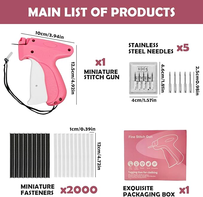 Portable Handheld Stitch Gun for Clothes Tagging, Quick Sewing, Hemming, and Fixing, with Sewing Kit including 5 Extra Needles,1000 pcs Black Fasteners & 1000pcs White Fasteners(5mm), PINK