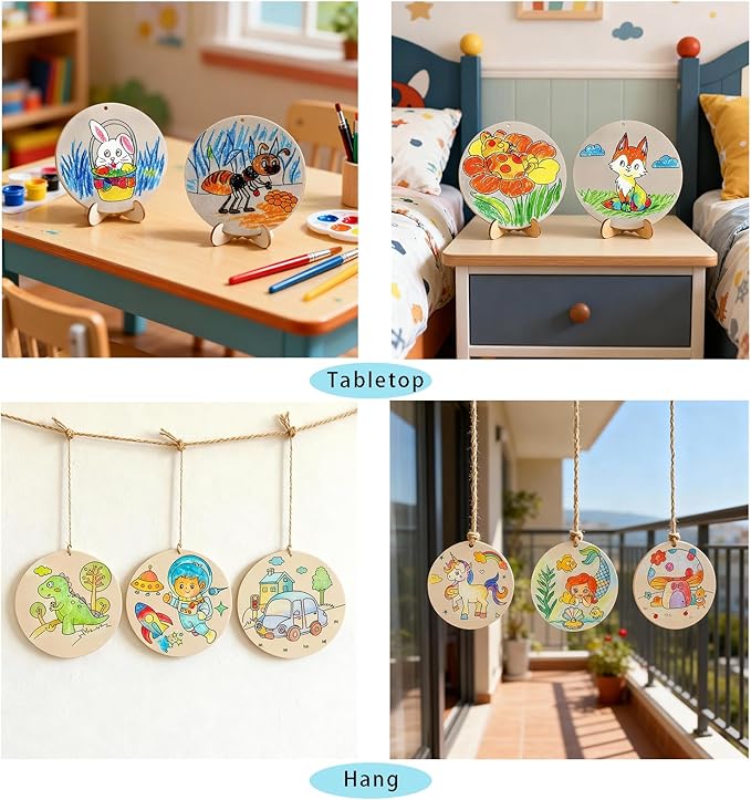 10PCS Wood Ornaments for Crafts with Double-Sided Designs Wood Circles for Crafts to Paint for Kids Hang or Display with Stand Wooden Ornaments for boy and Girl Ages 4-8