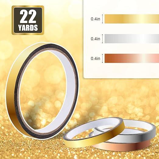 HFKPJRT 6 Rolls Gold Washi Tape, Metallic Mirror Tape, 396Ft DIY Graphic Tape Self-Adhesive Metalized Tape Gold Tape for Decorating Wall, Bathroom, Crafts and Gifts Wrapping (Gold,Silver,Rose Gold)
