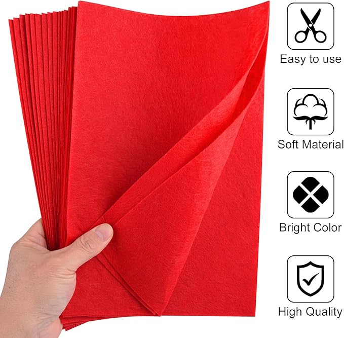 20 Pcs Red Felt Fabric Sheet 8" x 12" Assorted Color Felt Fabric Sheets for Crafts DIY Handcraft Sewing Squares Patchwork Nonwoven