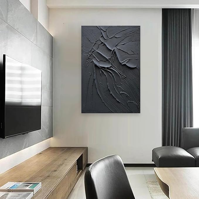 NANKAI Art Hand Painted Pure Black Wall Decoration Art Modern Minimalist Oil Painting 36x24 inch Vertical Thick Texture Wall Art Home Office Corridor Wall Art Decoration