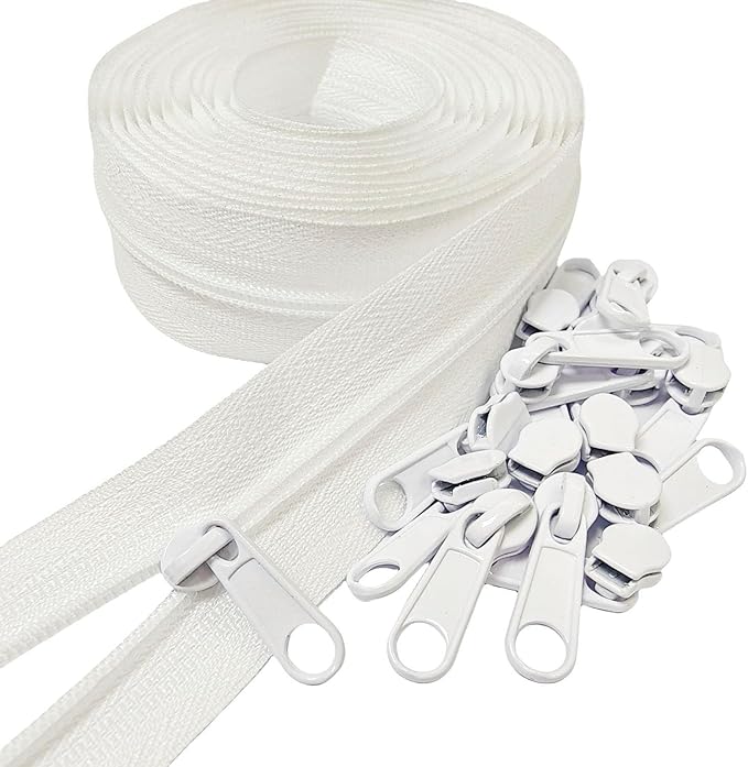 MebuZip #3 Nylon Coil Zippers by The Yard Bulk Zipper Roll Zipper Tape 10 Yards with 25pcs Pulls for Sewing Tailor DIY Craft Bags Pillows (White 10Yards)