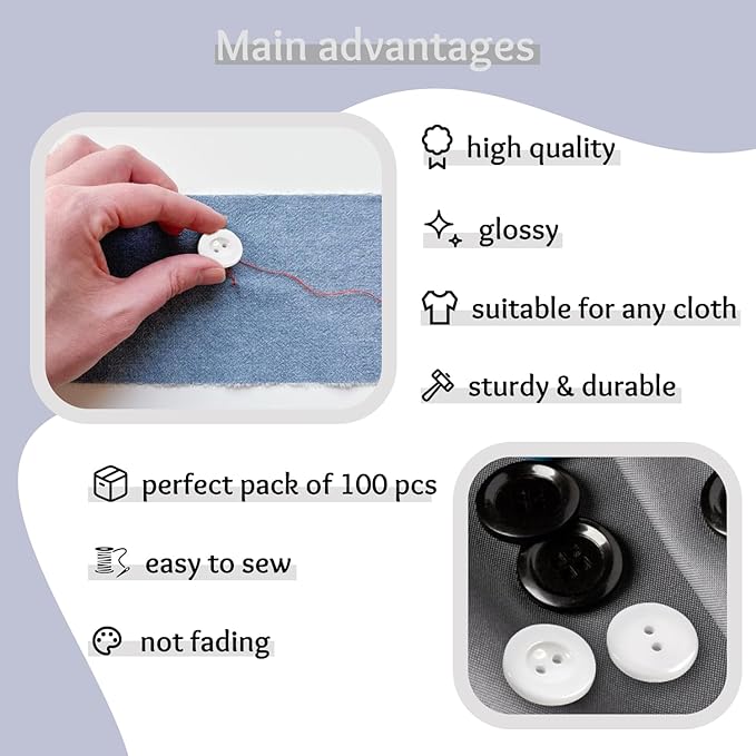 White Buttons for Sewing Pack of 100 3/4" (19mm) 2 Hole Round Plastic Buttons Glossy 0.75 inch 30L Plain Bulk Sewing Buttons for Lab Coat Pants Suit Workwear School Outfits Aprons Crafts DIY