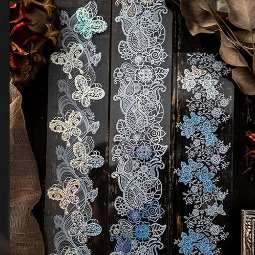 5 Rolls Washi Tape Lace Pattern Self-Adhesive Tape, White Black Floral Washi Silver Aesthetic Lace Tapes for Scrapbooking DIY Art Journaling Craft Gift Wrapping