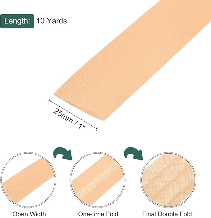 MECCANIXITY 1 Inch Double Fold Bias Tape Polyester Continuous Bulk Bias Tape for Sewing,Seaming Quilting Hemming Binding Crafts (Light Orange 10 Yards)