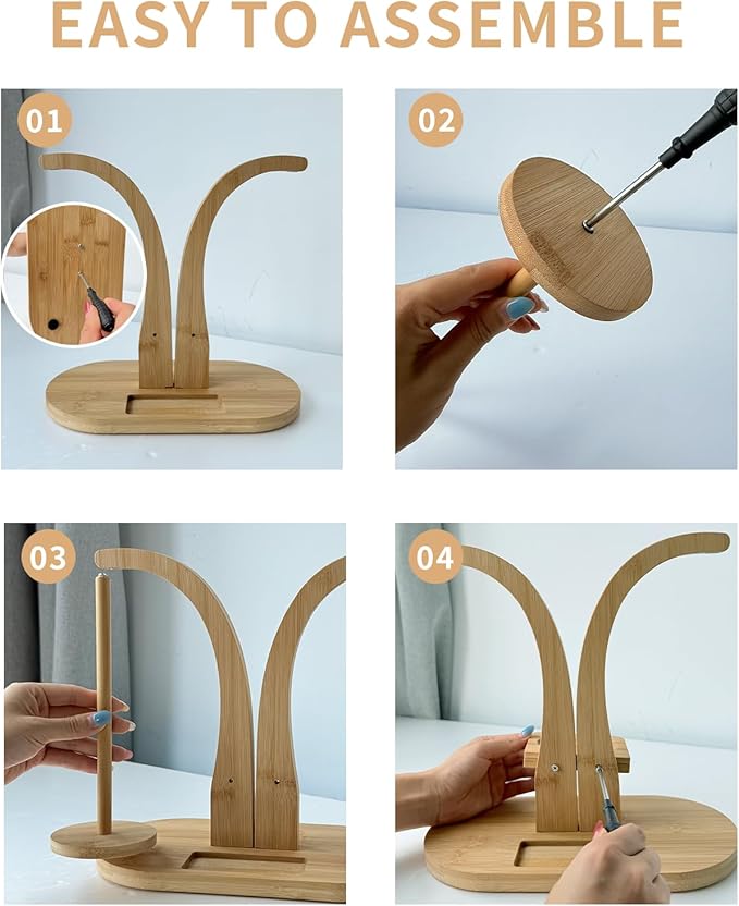 Magnetic Wooden Yarn Holder for Crocheting & Knitting – Smooth Rotating Yarn Spinner with Double Spindles, Tangle-Free Thread Dispenser, Ideal Gift for Knitters & Weavers (Natural)