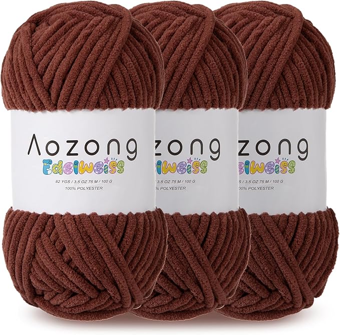 Super Soft and No Shedding Chunky Chenille Yarn for Crocheting and Knitting -Easy to Crochet with-Super Bulky #6, 3Pack of 3.5oz/82yds -Chunky Plush Yarn for Hand Craft Blanket Amigurumi Coffee Color