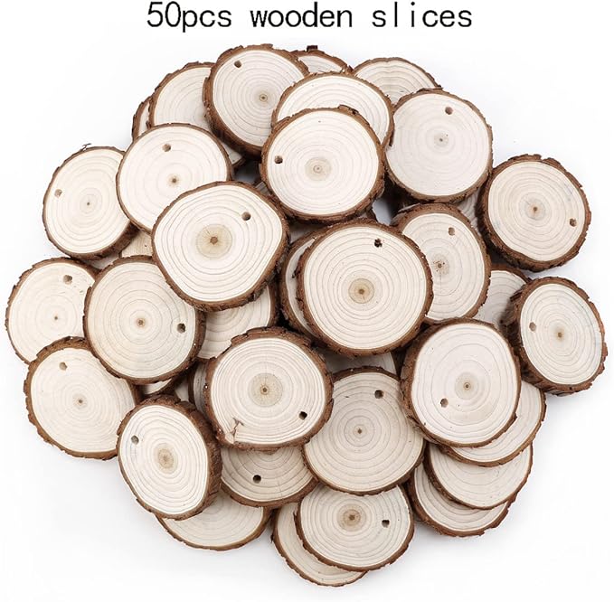 50pcs Wood Slices, BetterJonny 1.6-2 inch Undrilled Wooden Circles Predrilled with Hole Natural Wood Ornaments with 10 Meters Jute Rope for Arts DIY Craft