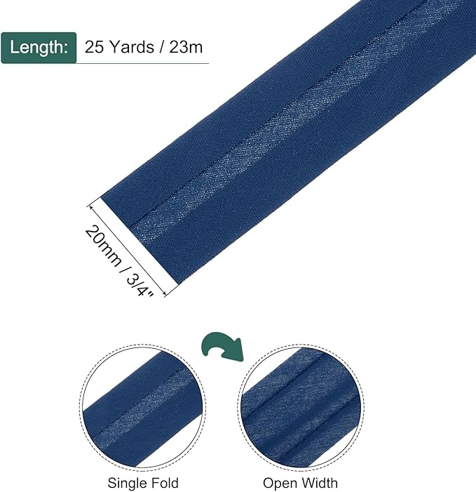MECCANIXITY 3/4 Inch Single Fold Bias Tape Cotton Continuous Bulk Bias Tape for Sewing, Seaming Quilting Hemming Binding Crafts (Navy Blue 25 Yards)