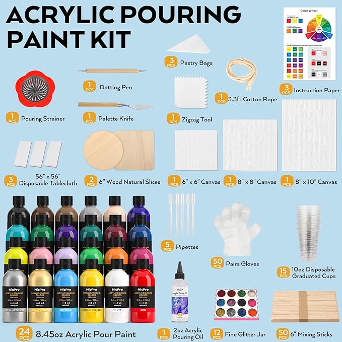 Nicpro 24 Colors 8.45oz Acrylic Pour Paint Supplies Kit, Large Volume Premixed High Flow Painting Bulk Set with Canvas, Wood Natural Slices, Pouring Oil, Tools Gloves, Strainer, Cups for Beginner DIY