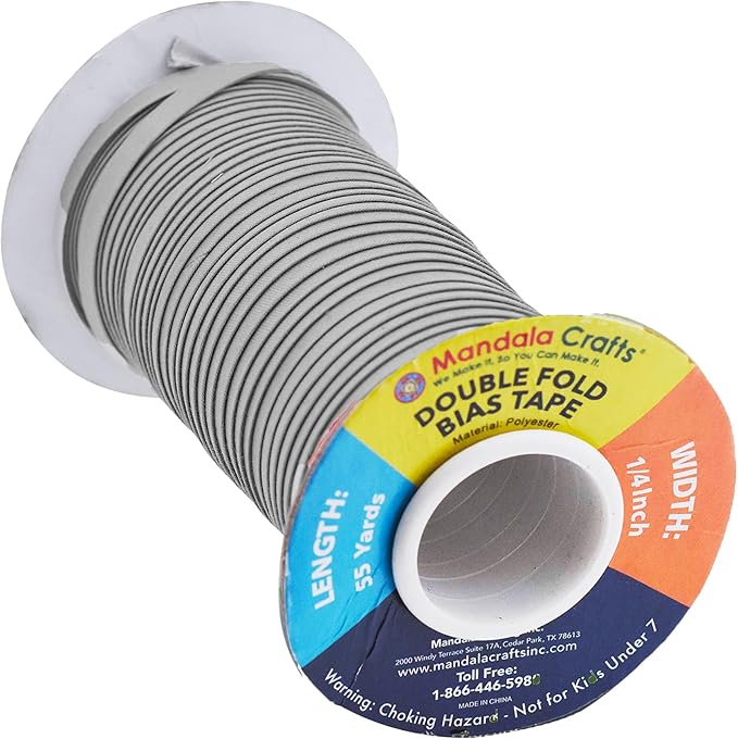 Mandala Crafts 55 Yards 1/4 Inch Gray Double Fold Bias Tape for Sewing - Bias Binding Tape for Quilting Binding, Hemming, Seam, and Fabric Piping