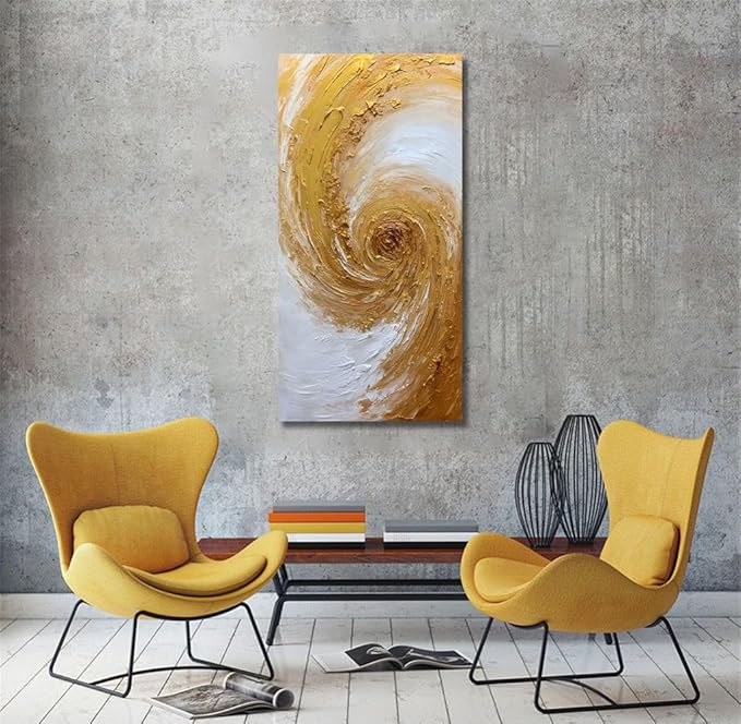 V-inspire Art,Abstract Hand drawn Oil Painting on Canvas, 24x48 Inches, Golden Tones, Acrylic Framed Living room Bedroom Wall Art