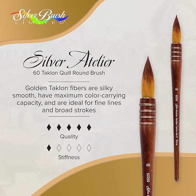 Silver Brush Limited 5225S-60 Silver Atelier Golden Taklon Quill Round Brush, Size 60, Short Handle