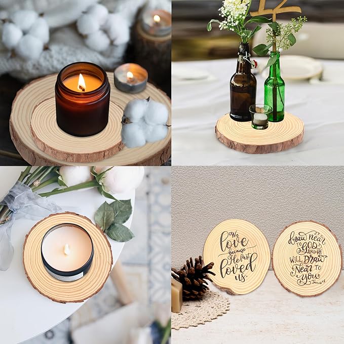 60 PCS 4.7-5.5 Inch Natural Wood Slices, Unfinished Pine Wood Circles with Barks for Coasters, DIY Crafts, Christmas Rustic Wedding Ornaments and Centerpieces,by GNIEMCKIN