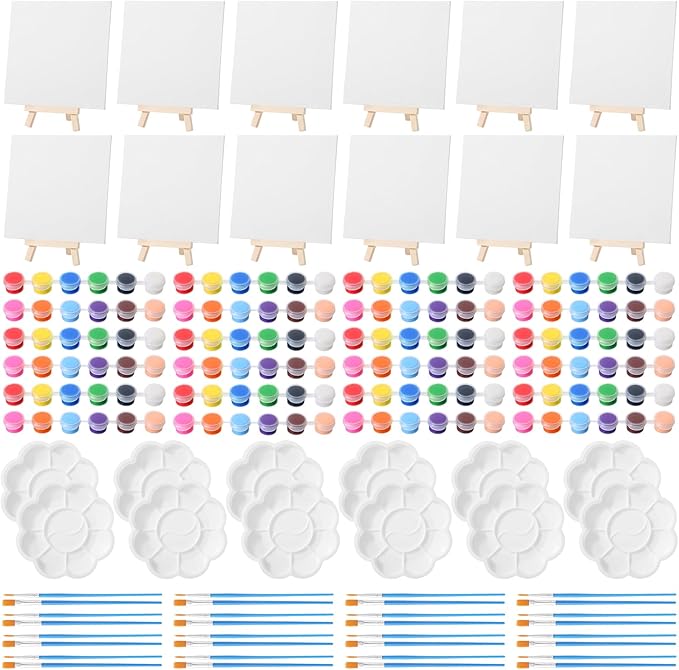 Qilery 12 Set Acrylic Paint Kit Mini Stretched Canvas with Easel, Acrylic Paints Strips, Brushes, Palette, Art Set for Kids Adults Classroom Birthday Party Favors(6 x 6 Inch)
