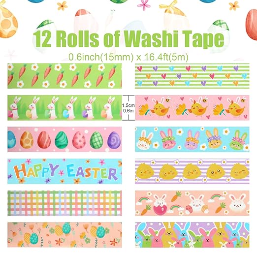 12 Rolls Happy Easter Washi Tape, Cute Animals Chicks Rabbits Farm Masking Tape, Easter Plaid Pattern Decorative Paper Stickers for Holiday Scrapbook Journal DIY Crafts Gift Packing 16.4FT