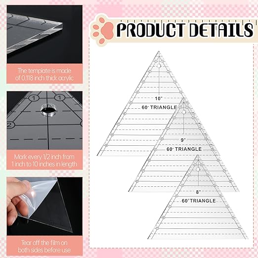 3 Pcs 60 Degree Triangle Ruler for Quilting, Clear Acrylic Quilting Templates Rulers 8 9 10 Inch Sewing Dedicated Ruler for Cutting, Measurement, DIY Craft Tools
