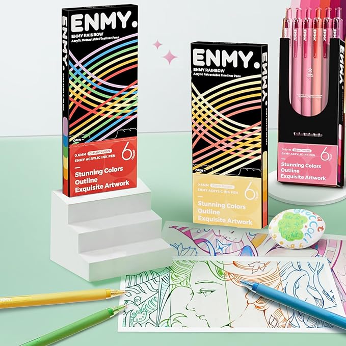 ENMY Acrylic Fineliner Pen, 6Pcs Aesthetic Colors 0.6mm Fine Point Retractable Markers, Colorful Drawing Pen for Journaling, Outlining, Sketch, Note-Taking, Smooth Art Pens for Adults & Kids