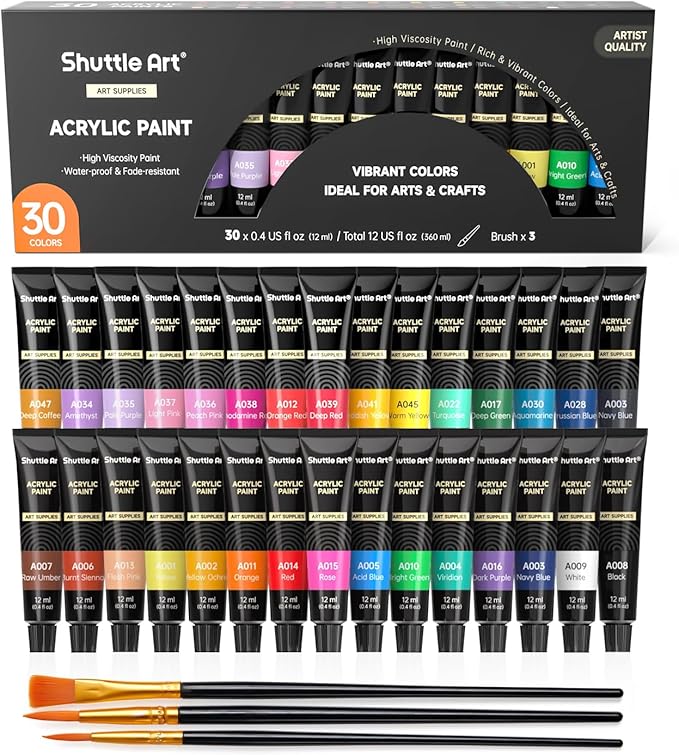 Shuttle Art Acrylic Paint Set, 30 x12ml Tubes Artist Quality Non Toxic Rich Pigments Colors Great for Kids Adults Professional Painting on Rocks Canvas Wood Clay Fabric Ceramic Crafts