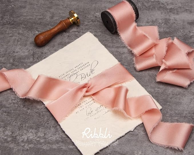 Ribbli Rose Gold Silk Satin Ribbon 1.5 Inch x 30 Yard Handmade Frayed Chiffon Rose Gold Ribbon for Gift Wrapping Wedding Invitations Bridal Bouquets Home Decor