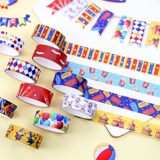 12 Rolls Circus Washi Tape Set, Vintage Carnival Cartoon Decorative Tape Tent Clown Tickets Masking Tape for Journaling Supplies, Junk Journal, Scrapbooking, DIY Arts & Crafts, Gift Wrapping