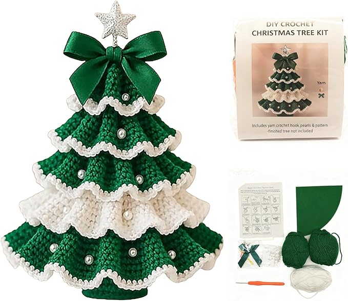 DIY Crochet Christmas Tree Kit – Handmade Holiday Decoration Set,Parent-child activities craft kit,Tree Bow Pearl Embellishment,Cross-stitch by hand,Festive decorations (Multicolour) (Green & White)