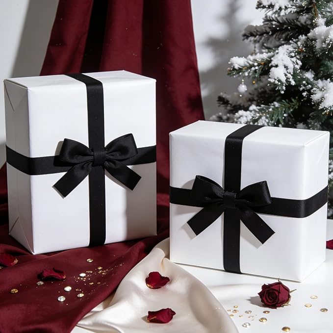 Black Satin Ribbon 1-1/2 Inch x 2 Rolls Black Wide Satin Fabric Ribbon for Gift Packaging, Christmas, Wedding, Flower Bouquet, Holiday Party, Invitation