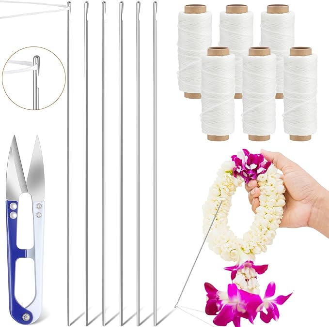 Leriton 13 Pcs Lei Needle Kit Include 6 Pcs Stainless Steel Long Needle 6 Twine 1 Sewing Scissors for DIY Marigold Garland Hawaiian Flowers Bead Stitch Craft(10.2‘’,Novel Style)