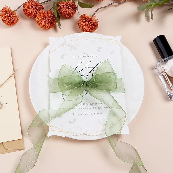 Sage Green Ribbon for Gift Wrapping 3/8 inch Sheer Organza Ribbon for Flower Bouquet Tulle Chiffon Ribbons for Wedding Invitations Christmas Halloween Decorations Crafts 50 Yards
