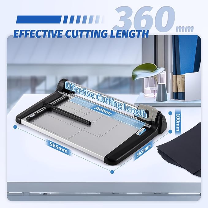 Rotary Paper Trimmer, 15 Sheets Heavy Duty Paper Trimmer, 360mm(14.17") Cutting Length, Commercial Grade Rotary Paper Cutter for Home/Office/School, Black & Silver