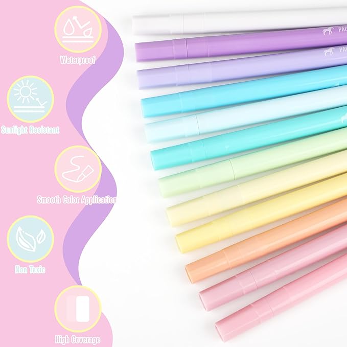 12 Colors Pastel Acrylic Markers, 0.7mm Extra Fine Tip Soft Paint Pens for Crafts, Adult Coloring, and DIY Projects on Paper, Wood, Rock, Glass and Fabric