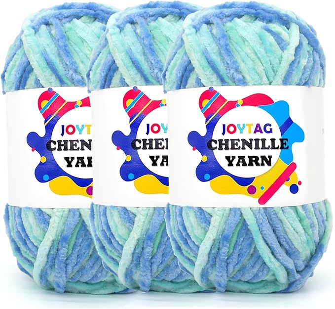 Velvet Chenille Yarn for Crocheting Blue Tone Velvet Fluffy Plush Thick Bulky Chunky Chenille Soft Baby Blanket Yarn for Crocheting Hand Knitting 3 * 100g-Blue Tone
