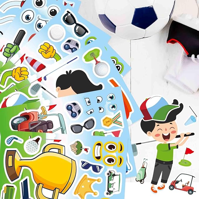24 Sheets Make Your Own Golf Theme Stickers, Make-a-face Stickers Sport Sticker Party Favors Boys Girls Gifts Classroom School Supplies Decorations