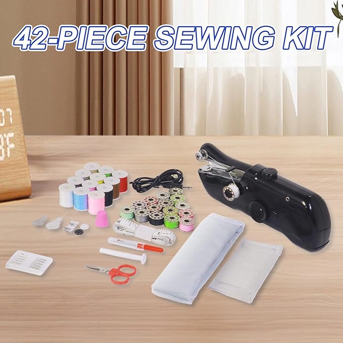Handheld Sewing Machine with Storage & 42-Piece Sewing Kit, Portable Mini Sewing Machine for Beginner, Electric Switch, 2 Speed Modes, Easy to Operate, Hand Stitching Machine for DIY Fabrics Clothes