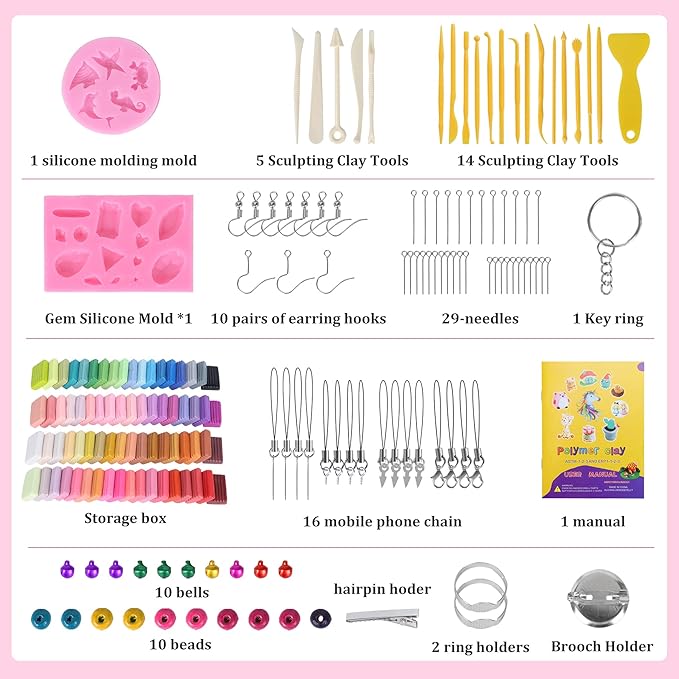 Aestd-ST Polymer Clay Kits 72 Colors, Modeling Clay for Kids, Non-Stick Molding Oven Bake with 20 Sculpting Tools and 82 DIY Accessories, Craft Gift for Children and Adults