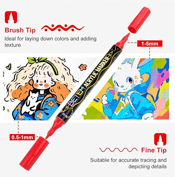 Betem Paint Markers Acrylic Paint Pens, Dual Tip 48 Colors Acrylic Markers with Brush Tip and Fine Point, Art Supplies for Wood, Canvas, Stone, Glass, Rock Painting Kit DIY Crafts Drawing Kit with Bag