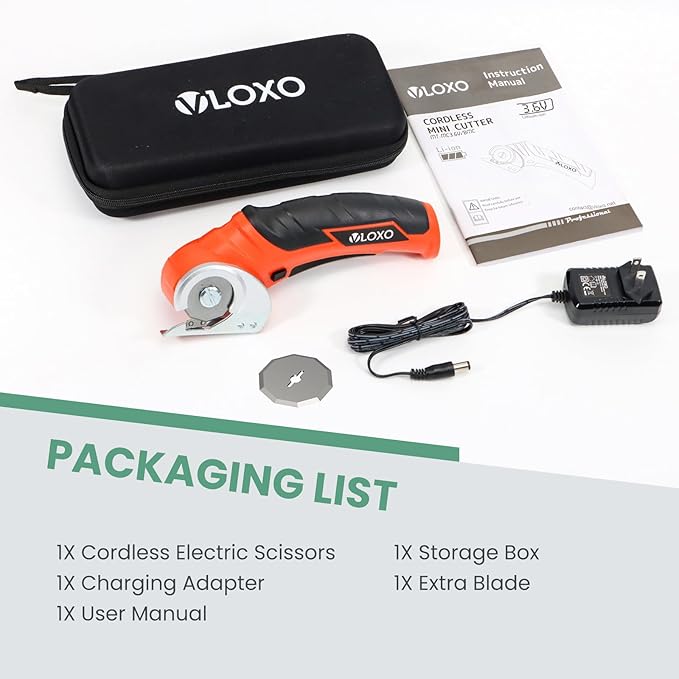 VLOXO Electric Scissors, Cordless Cardboard Cutter Power Box Cutter with Safety Lock, Multi-Cutting Tools for Cardboard, Rechargeable Mini Scissors for Plastic Leather Canvas with Storage Box Orange