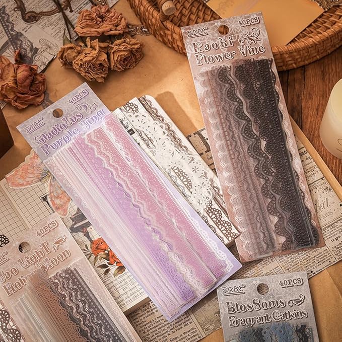 40 Pcs Transparent Lace Stickers for Scrapbooking Junk Journal Card Making Collage Diary Planner Notebook Letter Photo Album Craft Project Decoration, 5 Patterns