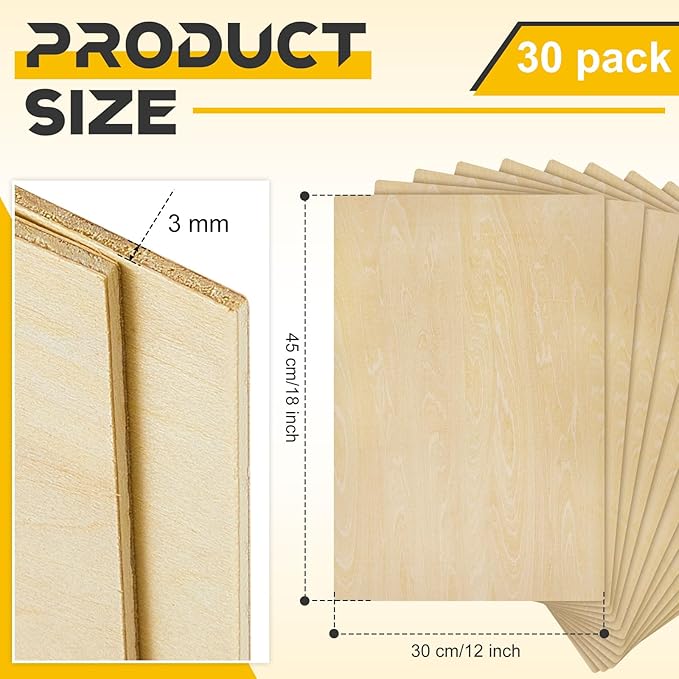 Juexica 30 Pcs Basswood Sheets 3mm 1/8" x 12" x 18" Plywood Board Craft Wood Thin Sheets for DIY Arts Crafts Woodworking Scroll Sawing Projects Painting Drawing Laser Cutting Projects