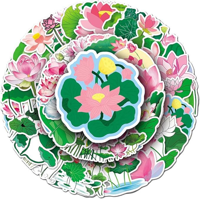 Unique Lotus Flowers & Leaves Stickers Pack for Kids Boys Teens|50 Pcs|Aesthetic Cartoon Stickers for Waterbottle Car Bike Laptop Hydroflasks Tablet Phone Notebook,Waterproof Decals Pack(Lotus)
