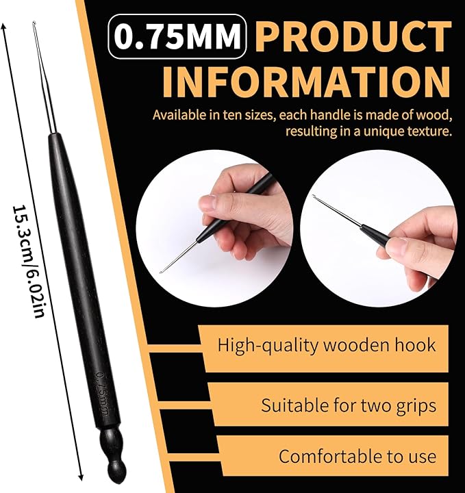 Hssugi Crochet Hooks, 0.75mm Small Crochet Hooks for Arthritic Hands with Wooden Handle, Ergonomic Lace Crochet Needles for Thread Embroidery DIY Lace