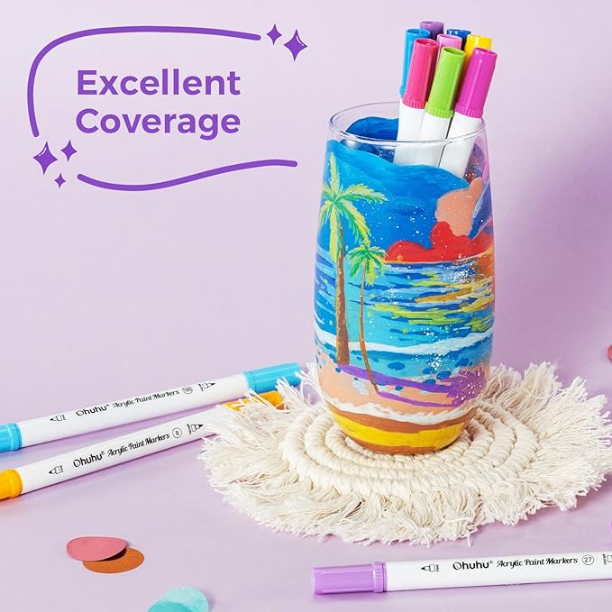 Ohuhu Acrylic Paint Markers Dual Tips: 72 Colors Brush & Dot Paint Pens High Opacity Acrylic Markers Waterproof Lightfast for Christmas Gifts Rock Painting 3D Prints Egg Wood Glass Ceramic DIY Crafts
