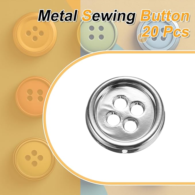 HARFINGTON 20pcs Metal Sewing Button, 11.5mm 4-Hole Round Suit Shirts Coats Clothes Sewing Buttons for Decoration Craft, Silver