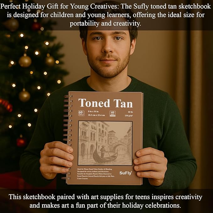SuFly Toned Tan Sketchbook, 8x10 Inches, 60 Sheets - 90lb/150gsm Tan Paper for Mixed Media, Charcoal, Graphite, Colored Pencils & White Gel Pens, 100% Recycled, Wire-O Bound.