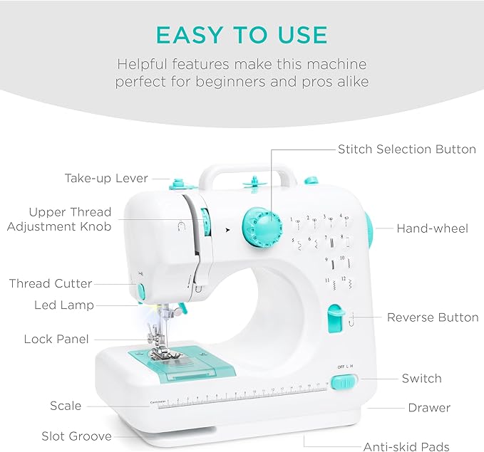 Best Choice Products Compact Sewing Machine, 42-Piece Beginners Kit, Multifunctional Portable 6V Beginner Sewing Machine w/ 12 Stitch Patterns, Light, Foot Pedal, Storage Drawer - Teal/White
