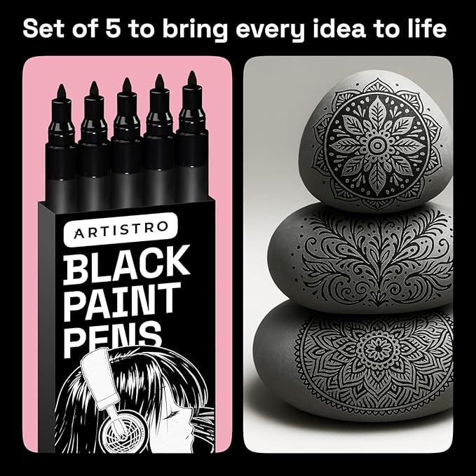 ARTISTRO 5 Black Paint Pen for Glass Marking, Rock Painting, Ceramic, Wood, Tire, Fabric, Metal, Canvas - Set of 5 Acrylic Paint Markers Water-based - Extra-fine Tip