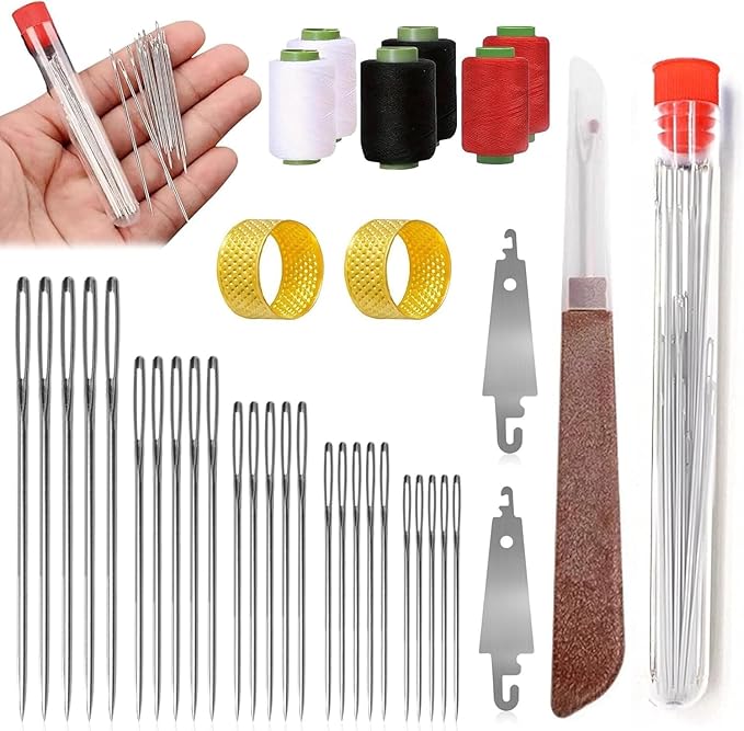 37Pcs Sewing Tool Set, Big Eye Steel Sewing Needle Kit, Multisize Threader and Needle Repair Kit Stainless Steel Needles for Hand Sewing Kit with Thread Ripper, Needle Threaders, Threads and Thimbles.